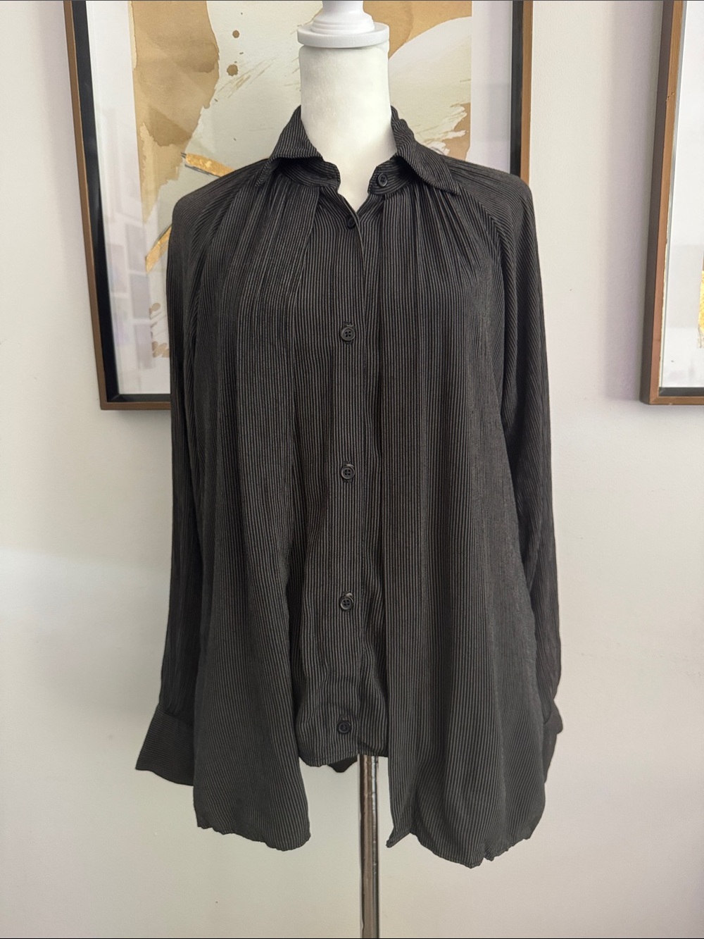 Rails dark gray pin stripe long sleeve  cape layered blouse shirt